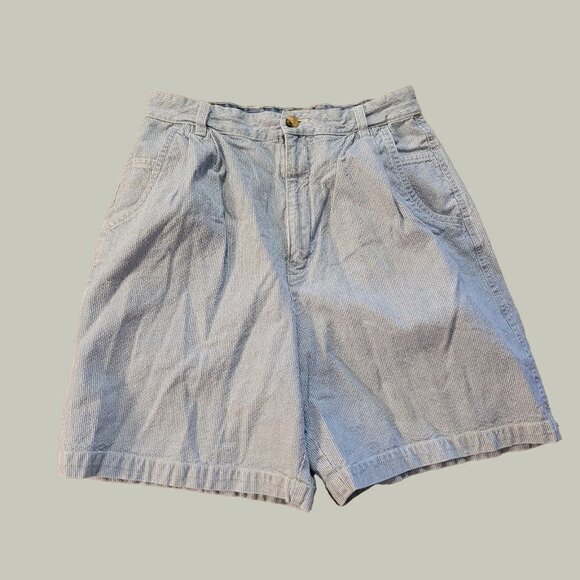Gloria Vanderbilt Womens Shorts  Size 10  Khaki Light Blue Striped Pleated Front - Picture 1 of 3